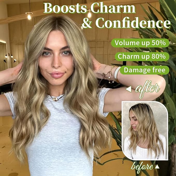 KooKaStyle Invisible Wire Hair Extensions with Transparent Headband Adjustable Size 4 Secure Clips Long Wavy Secret Wire Hairpiece for Women(16 Inch Light Brown mix Golden Blonde)