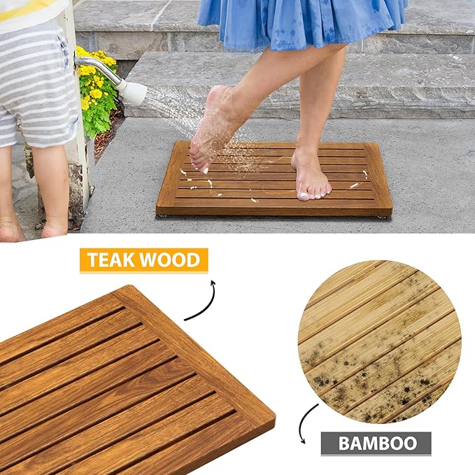Teak Shower Mat, 21"x14" Wood Bath Mat Non-Slip Bathroom Mat Teak Bath Mats for Bathroom, Wooden Floor Mat Bathroom Mat for Inside, Outdoor or Spa(Small)