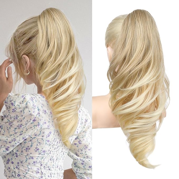SEIKEA Ponytail Extension, 18" Wavy Claw Clip in Hair Extensions for Women, Lightweight Fluffy Synthetic Ponytail Hairpiece, Natural Soft & Easy to Wear, for Short & Medium Hair Sandy Blonde