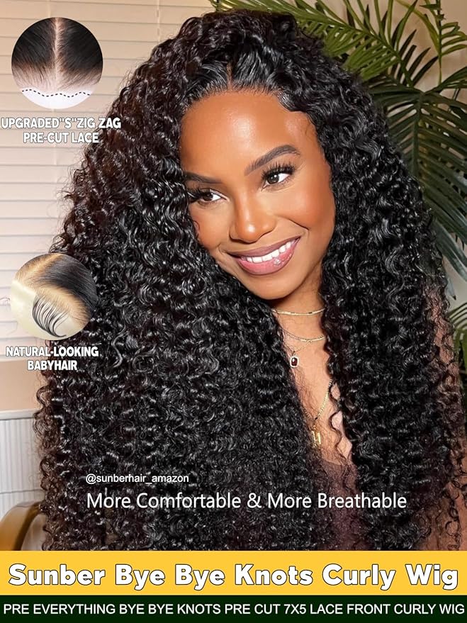 Sunber Bye Bye Knots Curly Glueless Human Hair Wig Pre cut 7x5 HD Lace Front Put On Go 3S Wear Pre Bleached Invisible Knots 150% Density Pre Plucked with Baby Hair 18Inch Pre Everything Curly Wigs