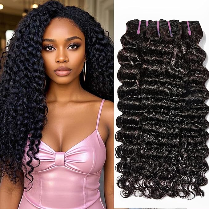 Deep Wave Human Hair Bundles, 20 22 24 Inch, 100% Unprocessed Brazilian Virgin Hair, 3 Bundles, Deep Curly, Black,Sew-In Installation, Wavy Style Keep Texture Silky Soft
