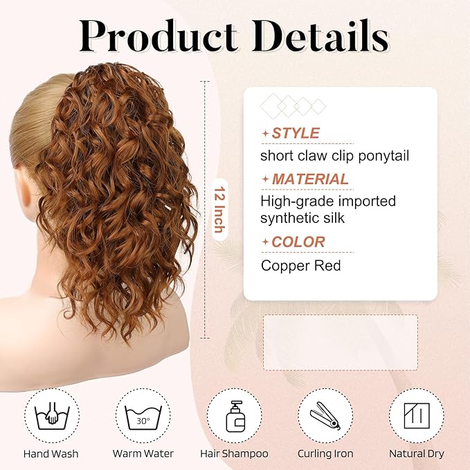 Flufymooz Ponytail Extension, 12" Short Claw Ponytail Extension Wavy Curly Jaw Clip in Pony tails Hair Extension Natural Synthetic Hairpiece for Women (Copper Red)