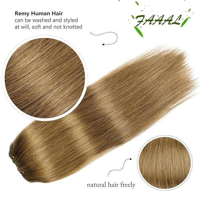 14" Clip in Human Hair Extensions Full Head 110g 7 Pieces 16 Clips 8# Light Brown Double Weft Brazilian Real Remy Hair Extensions Thick Straight Silky (14" 110g, Light Brown)