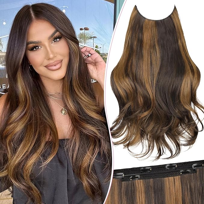 Invisible Wire Hair Extensions with Transparent Wire Adjustable Size 4 Secure Clips Long Wavy Secret Hairpiece 20 Inch for Women(Balayage Dark Brown to Chestnut)