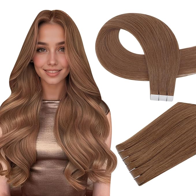 Full Shine Injection Tape in Hair Extensions Human Hair 14 Inch Color Orange 330 Skin Weft Tape in Extensions 10Grams 5Pcs Insert Virgin Hair Extensions Real Human Hair for Christmas