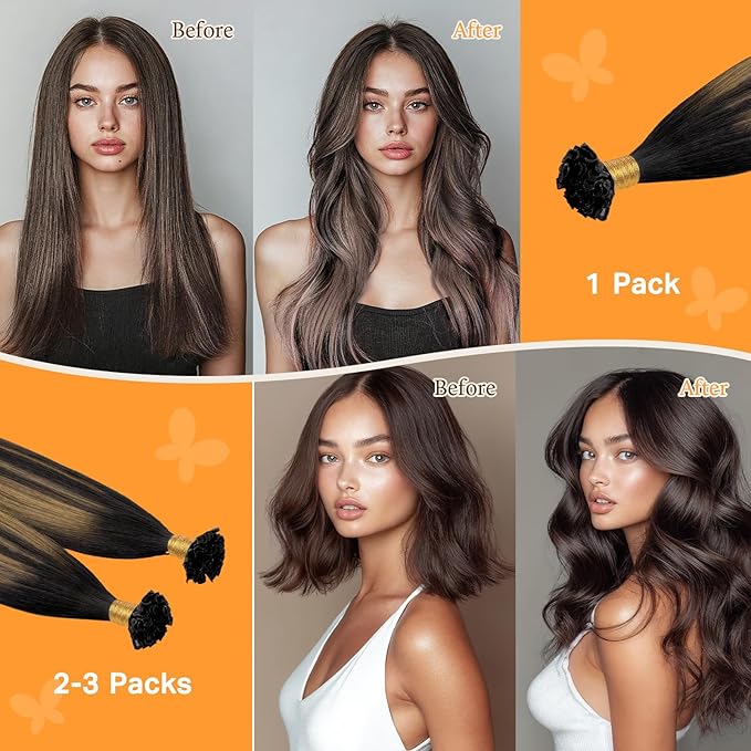 DOORES Ktip Human Hair Extensions, Dark Brown to Chestnut Brown 22 Inch 50g/50s, U Tip Extensions Straight Keratin