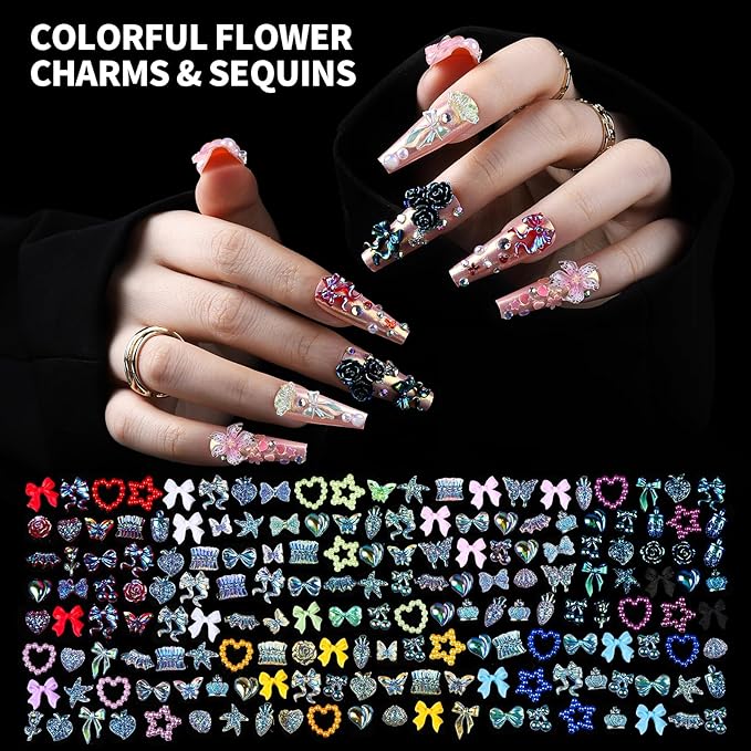 FAMDAMEI 24 Grid Nail Charms, Nail Art Kit with Multi Shapes Nail Charms and Gems, Flatback AB Nail Rhinestones Gold Nail Pearls, Charms Y2K for Nails, 3D Hawaii Flowers Nail Jewels for Nail Design