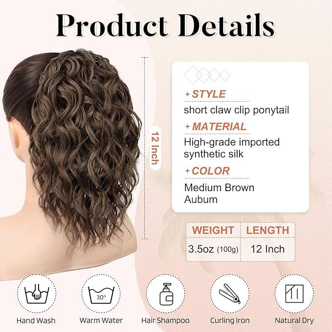 FLUFYMOOZ Ponytail Extension, 12" Short Claw Ponytail Extension Wavy Curly Jaw Clip in Pony tails Hair Extension Natural Synthetic Hairpiece for Women (Medium Brown Auburn)