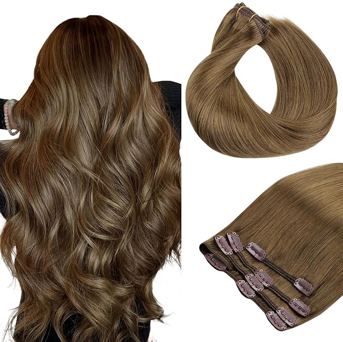 HOTBANANA Human Hair Clip in Hair Extensions, Medium Brown 120g Clip in Hair Extensions Real Human Hair Straight Remy Hair 14 Inch 7pcs