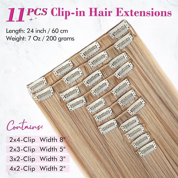 REECHO Hair Extensions, 11PCS Clip in Hair Extensions 24" Long Straight hair extensions HE005 Natural Soft Synthetic Hairpieces for Women – Dirty Blonde with Highlights