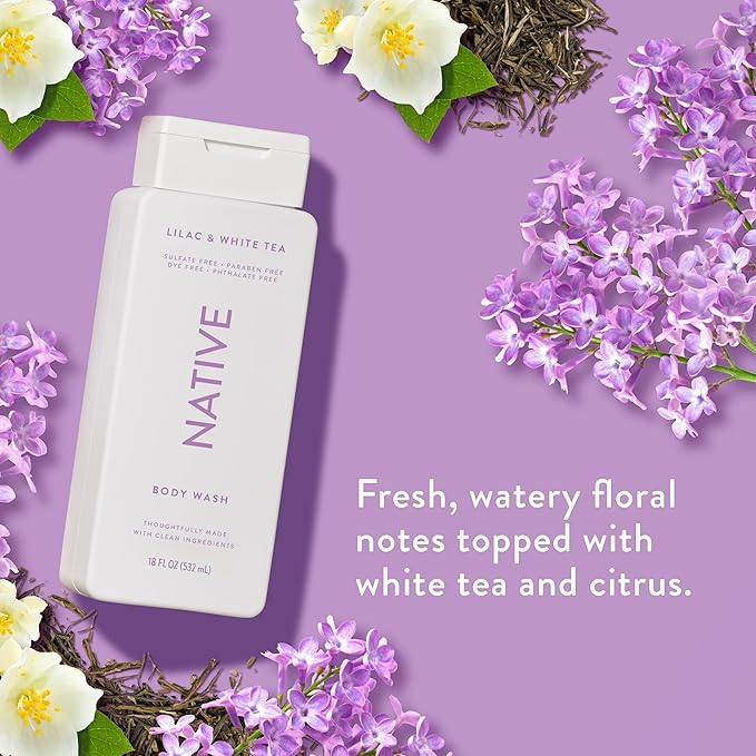 Native Body Wash Contains Naturally Derived Ingredients | For Women & Men, Sulfate, Paraben, & Dye Free Leaving Skin Soft and Hydrating | Lilac & White Tea 18 oz