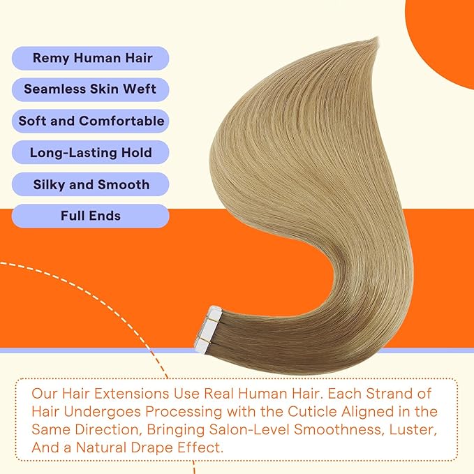Full Shine Tape in Extensions Human Hair Color 10 Light Brown Fading to 14 Golden Blonde 16 Inch Silky Straight Seamless Double Sided Hair Extensions Tape in 50g Extensions for Women Real Hair 20PCS