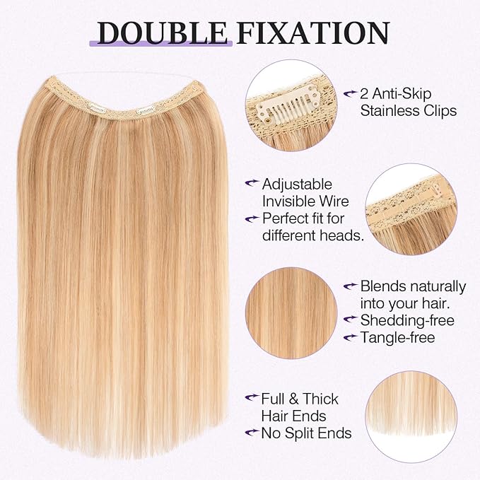 Halo Hair Extensions Real Human Hair,Halo Hair Extension 100% Human Hair,Wire Hair Extensions,Thicker 12P613 Golden Brown Mixed Bleach Blonde 22inch/100g