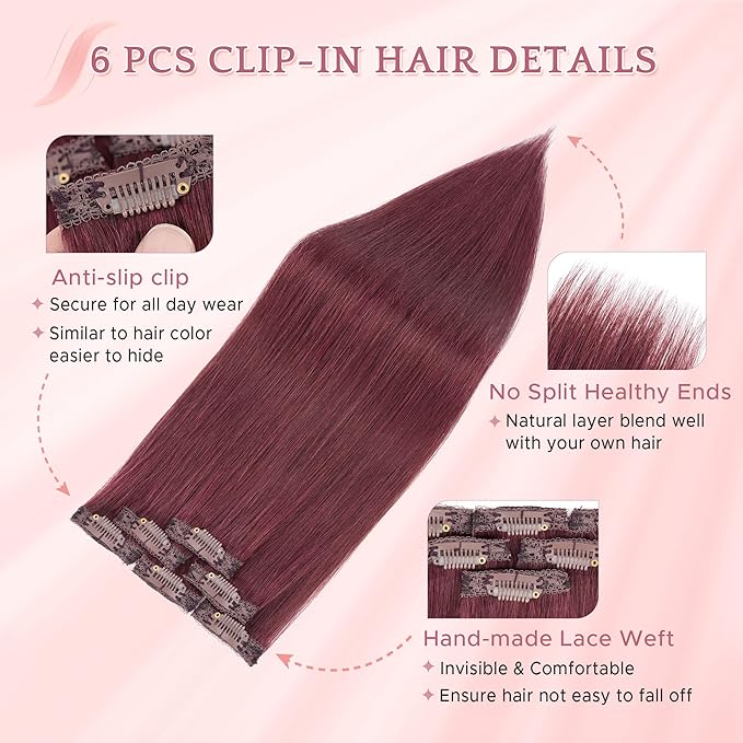 SEGO Single Clip In Hair Extensions Real Human Hair 6 Pcs Individual Clip Ins Highlight Remy Balayage Straight Soft Seamless Hairpieces for Women -16 Inch #99J Wine red