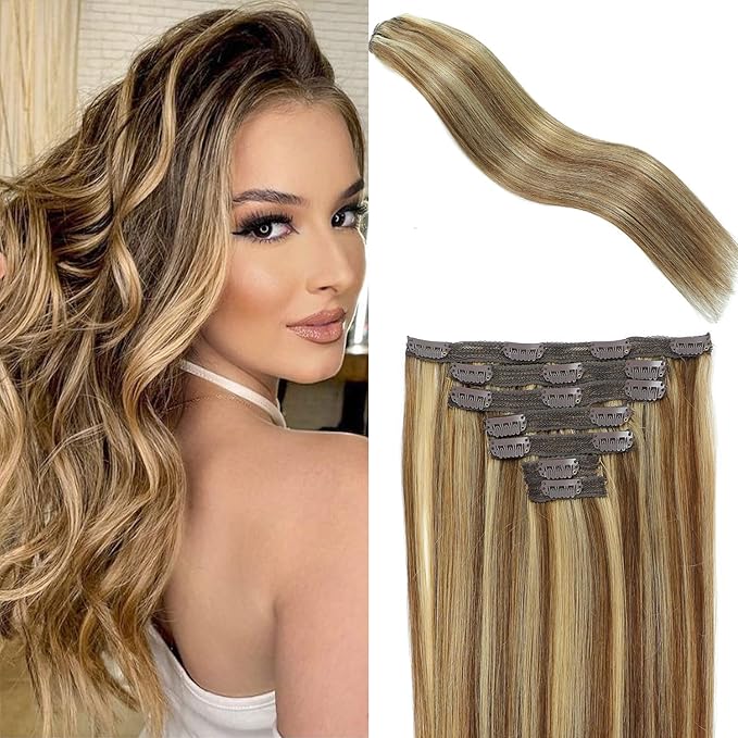 Clip in Hair Extensions Real Human Hair Chestnut Brown to Golden Blonde 20 inch 7pcs 80g/Pack, Human Hair Clip in Extensions, Salon-Grade Quality, Easy Comfort Wear for Women (#P6/22, 20 inch)