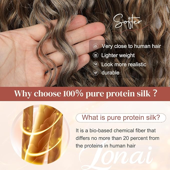 LONAI 4PC Clip in Hair Extensions, 100％ Pure Protein Silk Curly Hair Extension for Women, 26 Inch Long Soft Natural Hair Extensions-Dark Almond brown with copper Medium Brown to Blonde