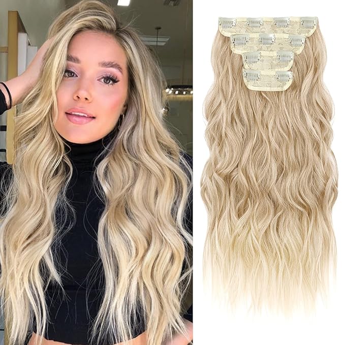 REECHO Hair Extensions, 4PCS Clip in Hair Extensions HE001 Natural Soft Synthetic Hairpieces for Women (20 Inch-200 Gram (Pack of 4), Dark Blonde with Light Ends)