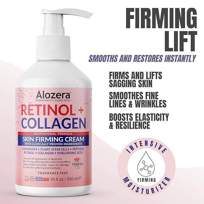 Alozera Retinol Collagen Body Lotion (2-Pack) & Hyaluronic Acid Serum with Stem Cells – Firming, Hydrating & Anti-Aging Skincare for Face, Neck & Body, Lightweight, Fragrance-Free, Made in USA