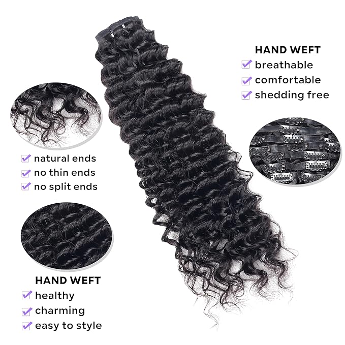 Seamless Clip in Hair Extensions Real Human Hair Deep Wave Brazilian Virgin Human Hair Clip in Extensions for Women 8Pcs PU Remy Hair Skin Weft with 18Clips 120g 22inch Natural Black
