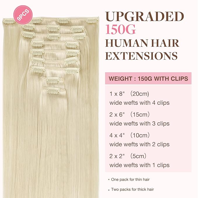 GOO GOO Clip in Hair Extensions Real Human Hair, Remy Human Hair Extensions Clip ins for Women, Natural Human Hair, 22inch 150g 9Pcs, 60A Platinum Blonde