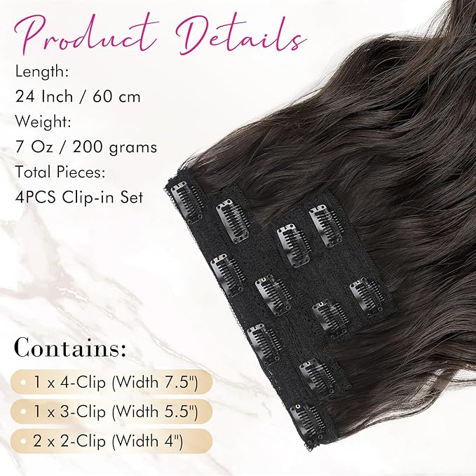 REECHO Hair Extensions, 4PCS Clip in Hair Extensions 24" Thick Long Beach Waves Black Brown hair extensions HE003 Invisible Lace Weft Natural Soft Synthetic Hairpieces for Women – Black Brown