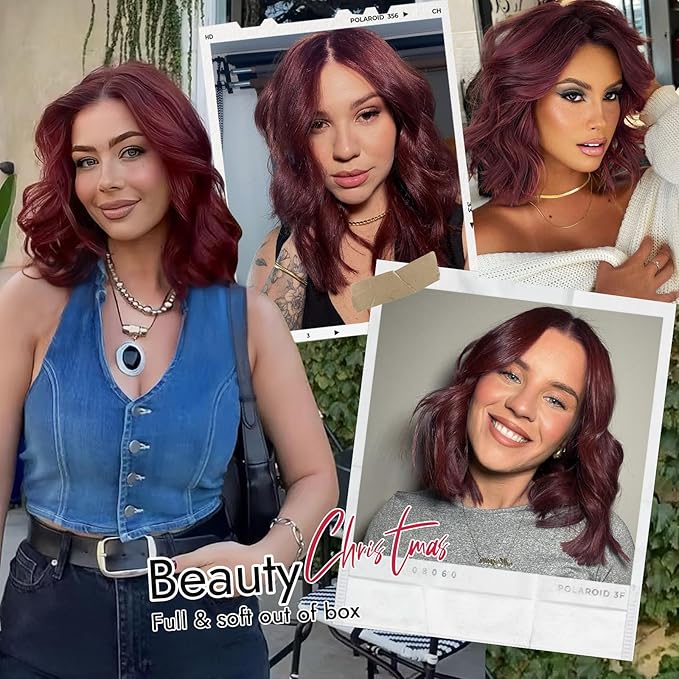 Wine Red Short Wavy Wig for Women Lace Hairline Bob Style Synthetic Heat Resistant - Natural Appearance for Everyday Hairstyle 14 Inch