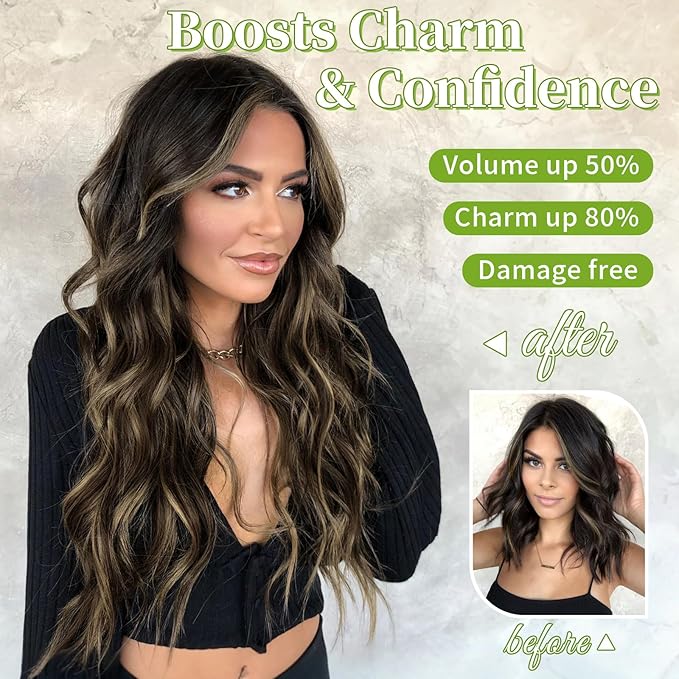 KooKaStyle Invisible Wire Hair Extensions with Transparent Headband Adjustable Size 4 Secure Clips Long Wavy Secret Wire Hairpiece 20 Inch Dark Brown with Blonde Highlights for Women