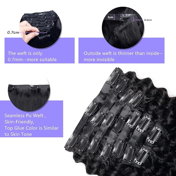 Seamless Clip in Hair Extensions Human Hair Deep Wave Clip ins for Black Women 8Pcs Brazilian Virgin Human Hair Clip in Extensions PU Skin Weft 18Clips 120g 14inch Natural Black