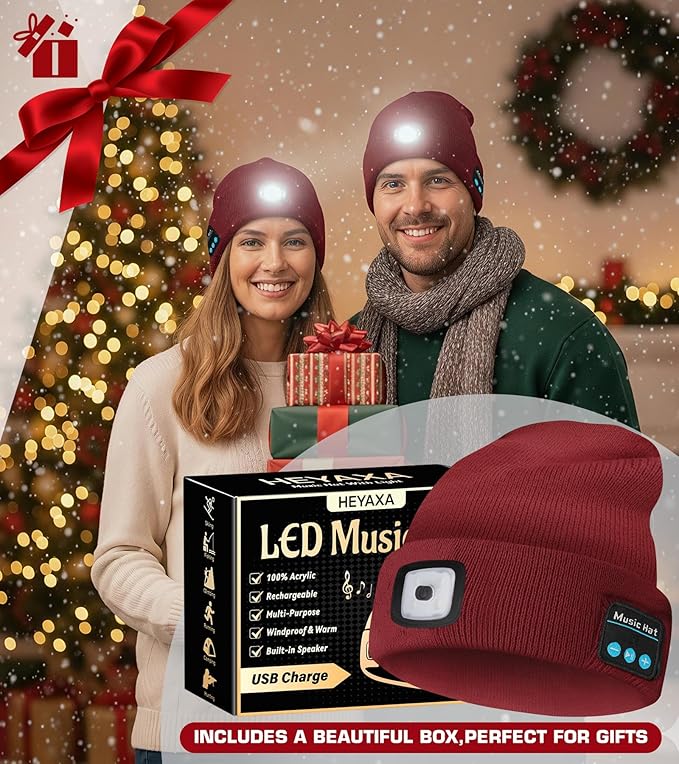Bluetooth Beanie Hat, USB Rechargeable 4 LED Wireless Music Running Headlamp Cap, Gifts for Christmas, Stocking Stuffer & White Elephant Gifts for Men, Women, Him, Her, Teen Boys, Dad