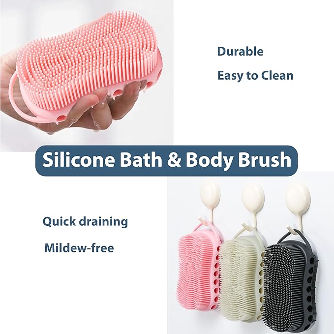 MtBoi Double-Sided Exfoliating Silicone Body Scrubber, 2-in-1 Bath Scrubber, Shampoo Brush, Silicone Loofah for All Skin Types, Shower Body Scrubber, Easy to Clean, Lather Well (Pink)