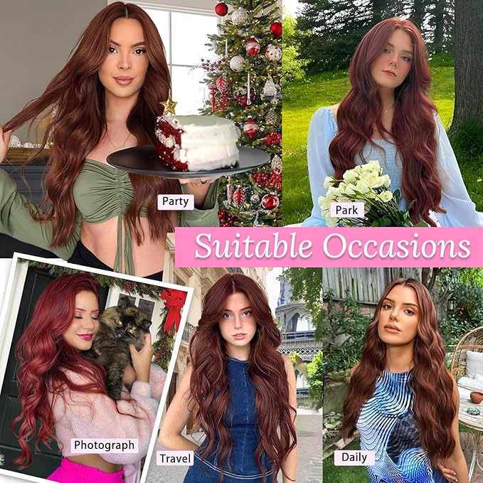 ALXNAN Clip in Long Wavy Synthetic Hair Extension 24 Inch Red 4PCS Thick Hairpieces Fiber Double Weft Hair for Women