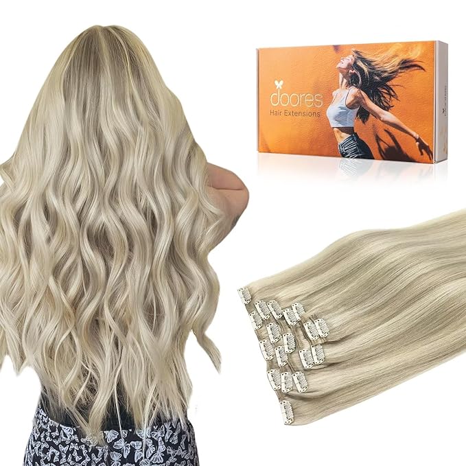 DOORES Clip in Human Hair Extensions, Balayage Ash Blonde Highlighted Platinum Blonde 100g 7pcs 14 Inch, Remy Hair Extensions Clip in Real Straight Natural Thick Weft