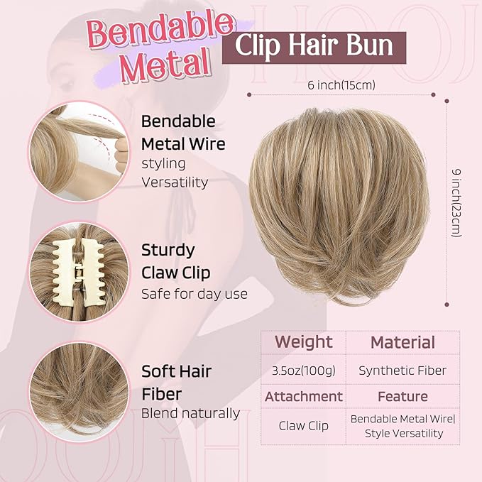 HOOJIH Ponytail Extension, Claw Clip in Straight Messy Hair Bun 9 Inch Short Ponytail Extension with Bendable Metal Wire Hair Pieces for Women Fake Hair Bun DIY Styles - Medium Golden Blonde