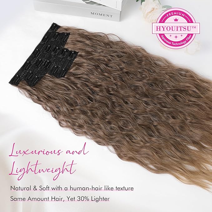 REECHO Clip in Hair Extensions, 5PCS Ash Blonde Hair Extensions 24" Thick Long Loose Waves hair extensions HE002 Invisible Lace Weft – Dark Ash Blonde with Golden Ends