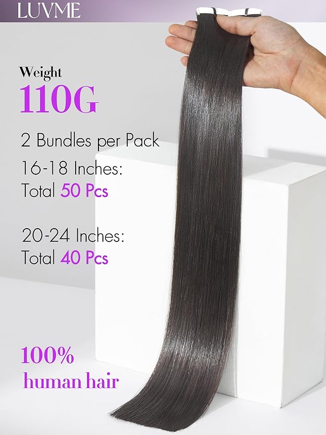LUVME Tape in Hair Extensions Human Hair 16 Inch 110g 50pcs Silky Straight Natural Black Invisible Double Sided Seamless Extensions