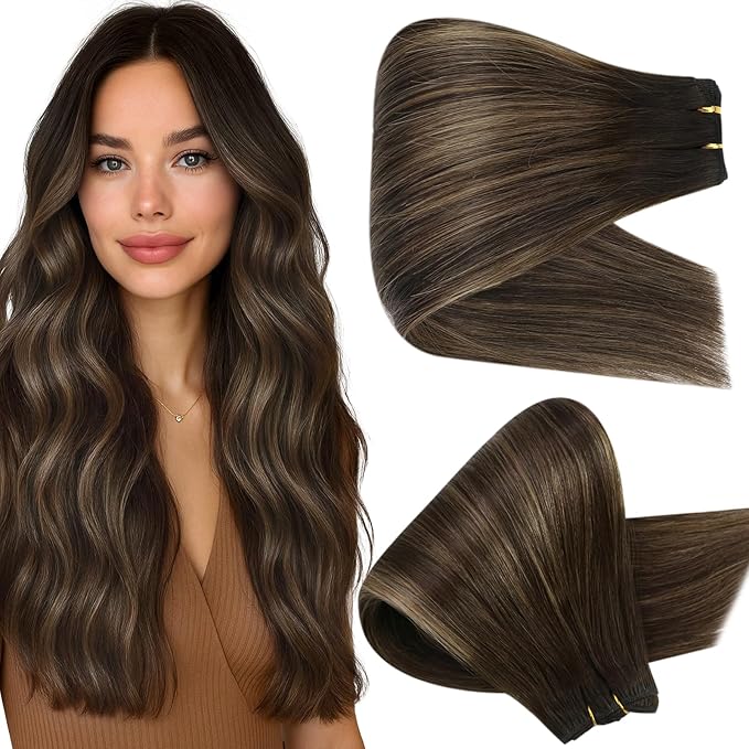 Full Shine Weft Hair Extensions Color Dark Brown To Ash Brown Highlight Dark Brown 130G 22 Inch Hair Extensionssew In Invisible Thick Hair Weft Extensions For Women 22 Inch 130G