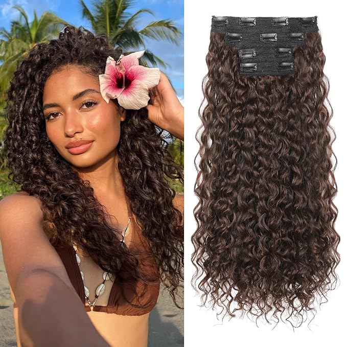 Clip in Hair Extensions, FLUFYMOOZ 4PC 100％ Pure Protein Silk Hair Extensions Long Soft Natural Hairpiece 20 Inch Curly Hair Extension for Women (Reddish Brown)