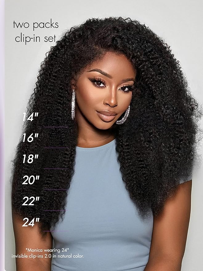 LUVME Invisible Clip ins Hair Extensions Deep Kinky Curly Real Human Hair Remy Hair Clip ins for Women, Natural Human Hair, 20 inch 110g 6Pcs, Natural Black