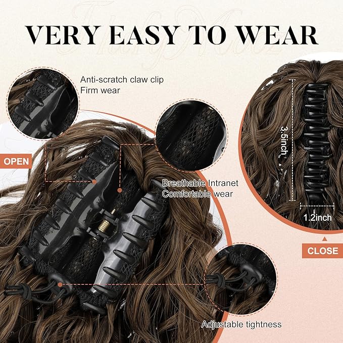 FLUFYMOOZ Ponytail Extension, 12" Short Claw Ponytail Extension Wavy Curly Jaw Clip in Pony tails Hair Extension Natural Synthetic Hairpiece for Women (Medium Brown Auburn)