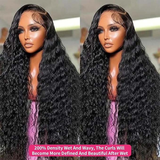 Water Wave Lace Front Wigs Human Hair 13x6 HD Lace Front Wigs Pre Plucked Brazilian Curly Wig 200 Density Glueless Frontal Wigs For Black Women (13x6 Water Wave Lace Front Wig Natural Black, 26 Inch)