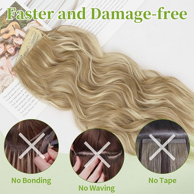 KooKaStyle Invisible Wire Hair Extensions with Transparent Wire Adjustable Size 4 Secure Clips Long Wavy Curly Secret Synthetic Hairpieces(20 Inch,Dark Ash Blonde mix Light Blonde Highlights)
