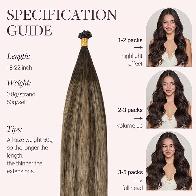 GOO GOO Mini Flat Tip Hair Extensions K Tip, Invisible Hot Fusion Human Hair Extensions, 22inch 50g 63S, 4/27/4 Balayage Chocolate Brown to Caramel Blonde