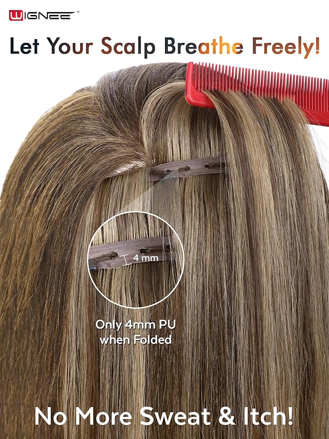 WIGNEE Double Invisible OVO Balayage Hair Extension Genius Invisible Weft with Holes 20 Inch Highlight Brown Remy Hair Extensions Real Human Hair Glueless for Thin Hair 5 PCS 100g (P4/8)
