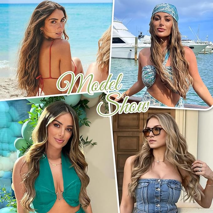 KooKaStyle Invisible Wire Hair Extensions with Transparent Headband Adjustable Size 4 Secure Clips Long Wavy Secret Wire Hairpiece 20 Inch Light Brown mix Ash Blonde P10/15A for Women