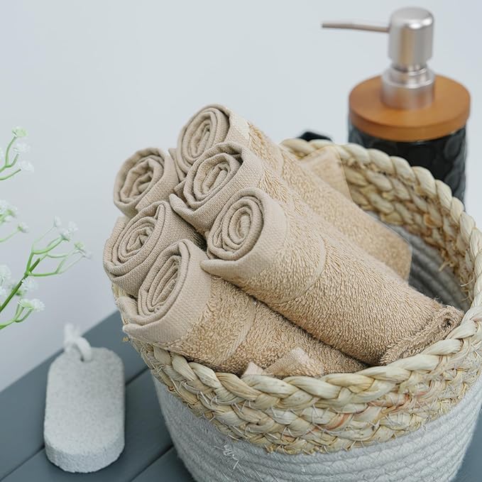 Tens Towels Pack of 12 Washcloths, 12 x 12 Inches, Lighter Weight, Quick to Dry, Super Soft & Absorbent, Gentle Face Towels, Hotel Quality, Perfect for Bathroom, Gym, Spa (Beige, 12 Pack)