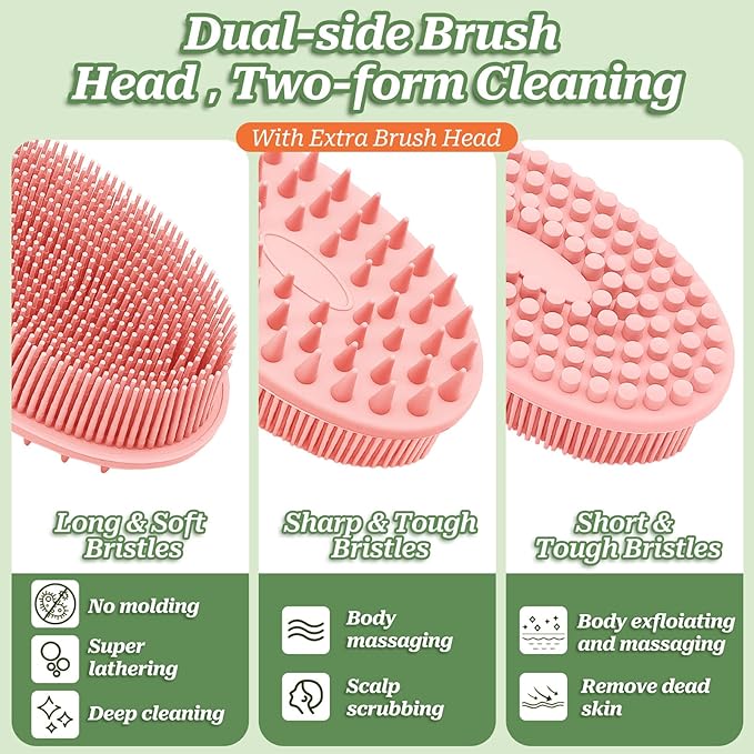 Silicone Back Washer for Shower, Gentle Exfoliating Body & Back Scrubber with Handle, Silicone Loofah with Two Dual-Side & Replaceable Brush Heads(Green-Two Heads)