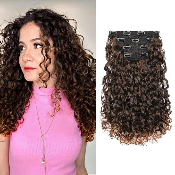 REECHO Curly Hair Extensions - 4PCS 14" GoGo Curly Clip in Hair Extensions 100% Super Protein Hairpieces with Invisible Lace Weft Silky Soft Natural Look for Women - Chocolate Brown with Lighter Ends