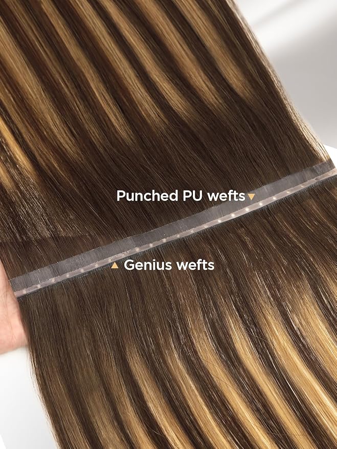 Twin Tab Butterfly Genius Weft Human Hair Extensions Latest Double Invisible Real 100% Remy Human Hair OVO Weft with Micro Bead Simulated Scalp Hair Extensions 100g 7ps 18 Inch Brown Highlight