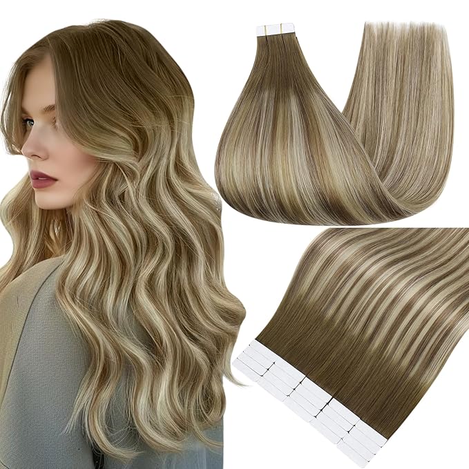 Full Shine Tape in Extensions Human Hair 14 Inch Color 3 Brown Roots Fading to 6 and 22 Blonde Seamless Skin Weft Human Hair Extensions Tape in 20PCS 50 Grams Balayage Invisible Remy Hair for Women