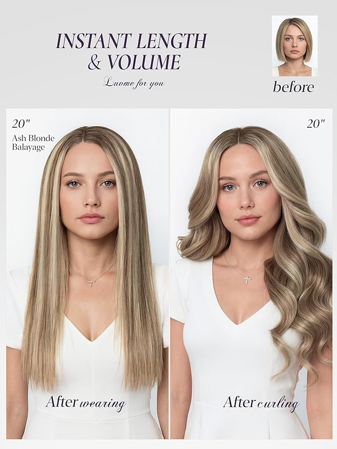 LUVME Handmade Weft Clip in Hair Extensions Human Hair 20 Inch 150g 9pcs Warm Ash Balayage Straight Double Weft Seamless Clip-ins for Natural Volume